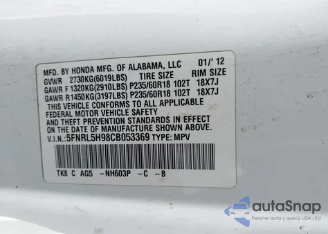 2012 Honda Odyssey Touring/Touring Elite z USA, uszkodzony, nr VIN 5FNRL5H98CB053369